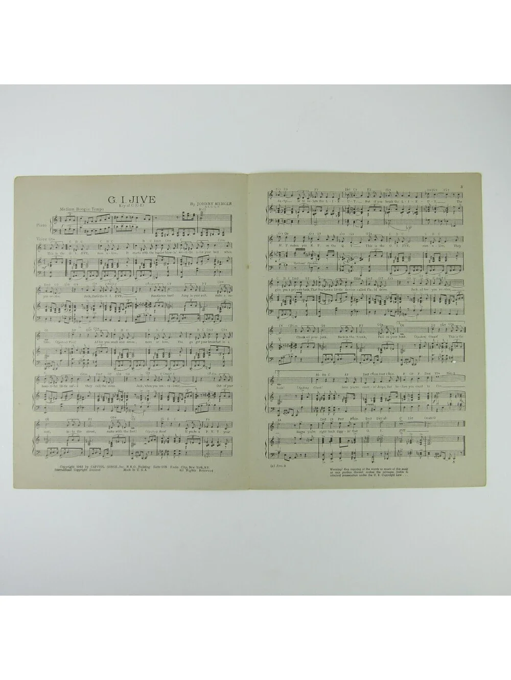 Sheet Music G.I. Jive Johnny Mercer Paul Weston Orchestra WWII WW2 Vintage 1943